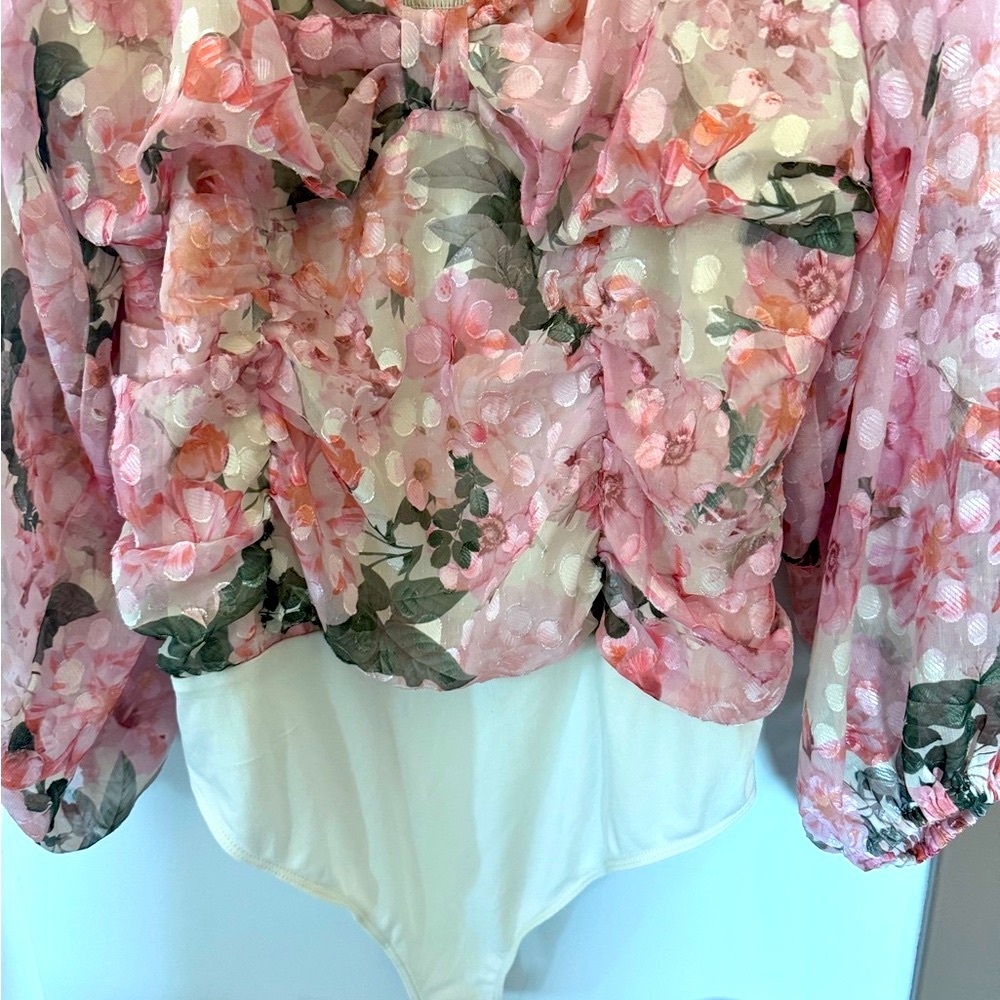 Express Pink and White Floral Blouse with Billowy Sleeves - Picture 3 of 7